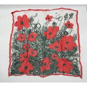 Vintage Scarf Vera Neumann Hand Rolled Edge Red Black Floral Silk Blend Japan